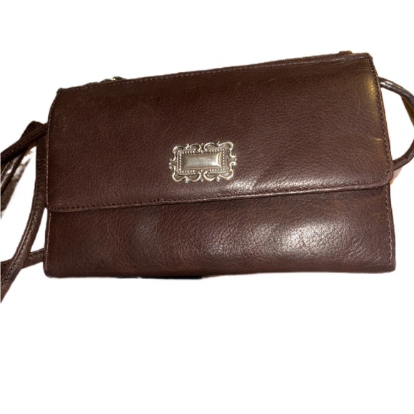 Fossil Vintage Brown Genuine Leather Wallet crossbody Silver Decal Phone Holder - Picture 1 of 4